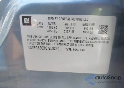 2012 Chevrolet Cruze 2Lt из США, поврежденный, VIN 1G1PG5SCXC7269240